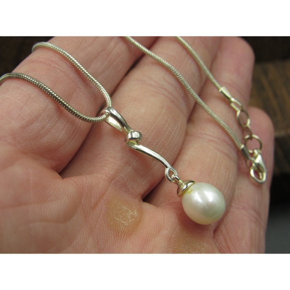 18" Sterling Silver Twisted Pearl Odd Pendant Necklace Vintage Minimalist - Picture 3 of 7